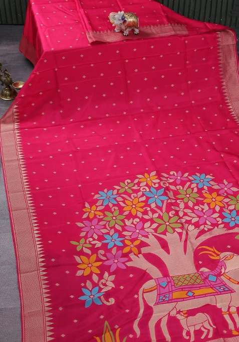 Munga Crepe Silk Saree Pink And Peacock Blue With Zari Woven Buttas And Rich Thread Zari Woven Pallu With Buttas And Brocade Design For Women