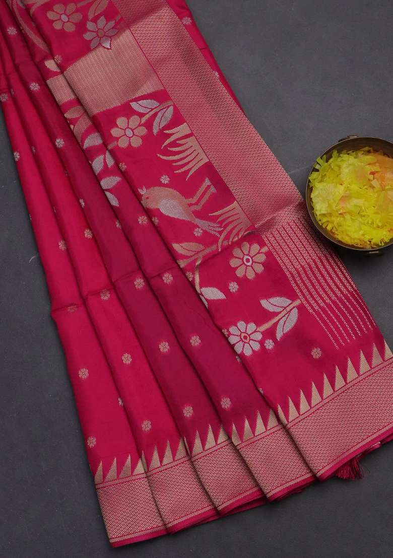 Munga Crepe Silk Saree Pink And Peacock Blue With Silver Gold Zari Woven Buttas And Rich Zari Woven Pallu With Buttas And Brocade Design For Women - Indya