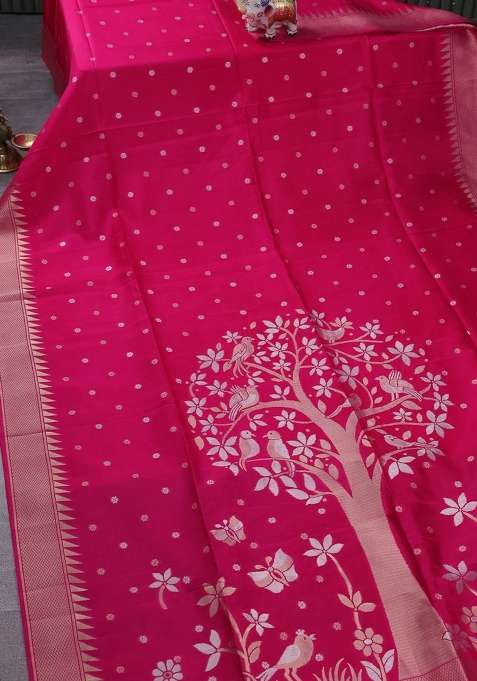 Munga Crepe Silk Saree Pink And Peacock Blue With Silver Gold Zari Woven Buttas And Rich Zari Woven Pallu With Buttas And Brocade Design For Women