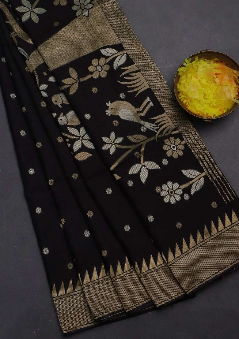 Munga Crepe Silk Saree Black And Pink With Silver Gold Zari Woven Buttas And Rich Zari Woven Pallu With Buttas And Brocade Design For Women - Indya