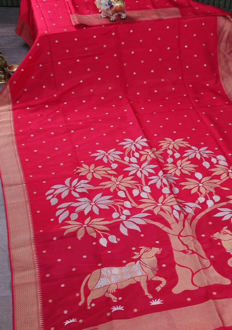 Munga Crepe Silk Saree Pink And Peacock Blue With Zari Woven Buttas And Rich Zari Woven Pallu With Buttas And Brocade Design For Women - Indya