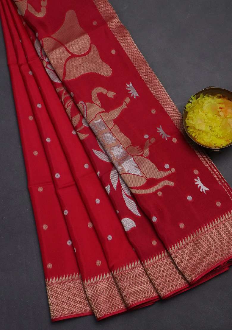Munga Crepe Silk Saree Pink And Peacock Blue With Zari Woven Buttas And Rich Zari Woven Pallu With Buttas And Brocade Design For Women - Indya