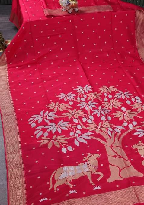 Munga Crepe Silk Saree Pink And Peacock Blue With Zari Woven Buttas And Rich Zari Woven Pallu With Buttas And Brocade Design For Women