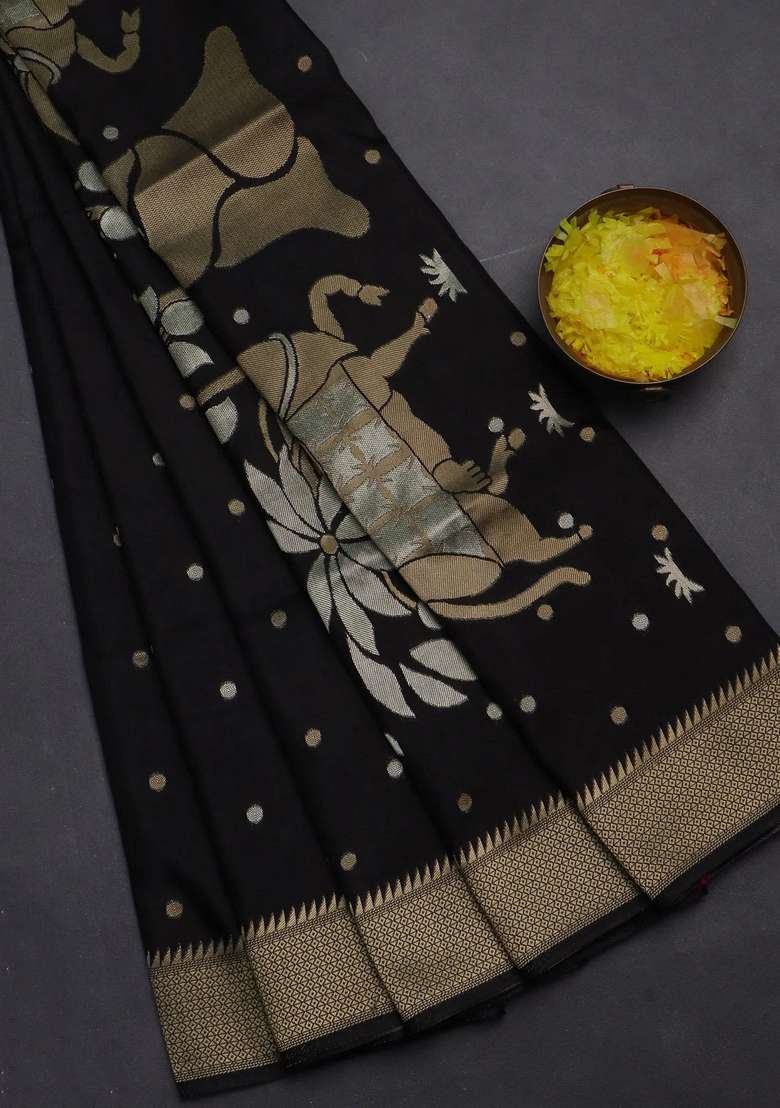 Munga Crepe Silk Saree Black And Pink With Zari Woven Buttas And Rich Zari Woven Pallu With Buttas And Brocade Design For Women - Indya