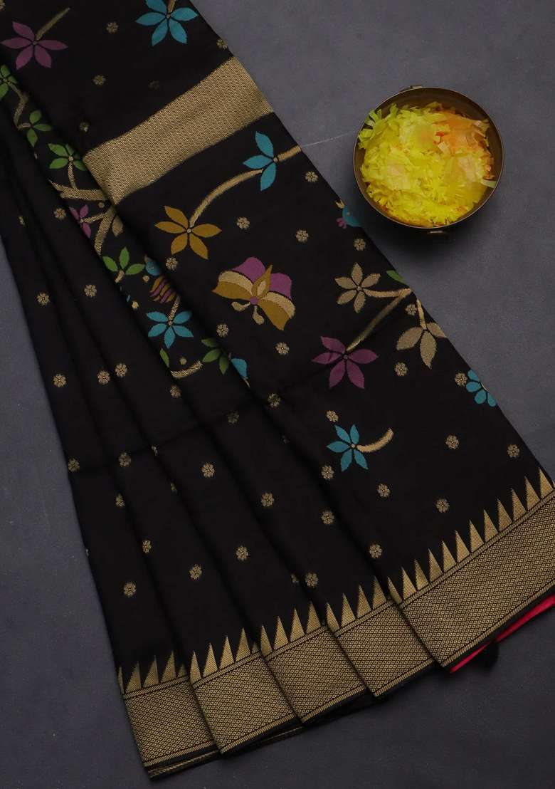 Munga Crepe Silk Saree Black And Pink With Zari Woven Buttas And Rich Thread Zari Woven Pallu With Buttas And Brocade Design For Women - Indya