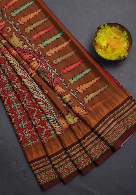 Semi Crepe Saree Maroon And Deep Maroon With Allover Ikat Prints And Printed Border For Women