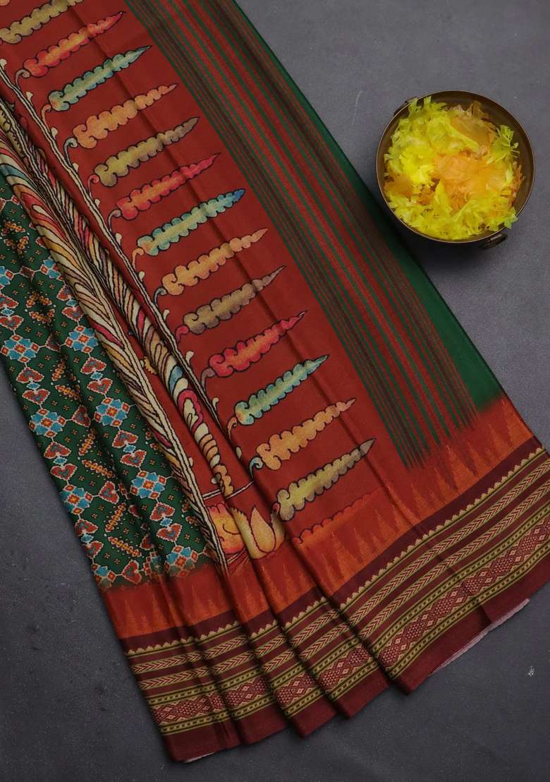 Semi Crepe Saree Green And Maroon With Allover Ikat Prints And Printed Border For Women - Indya