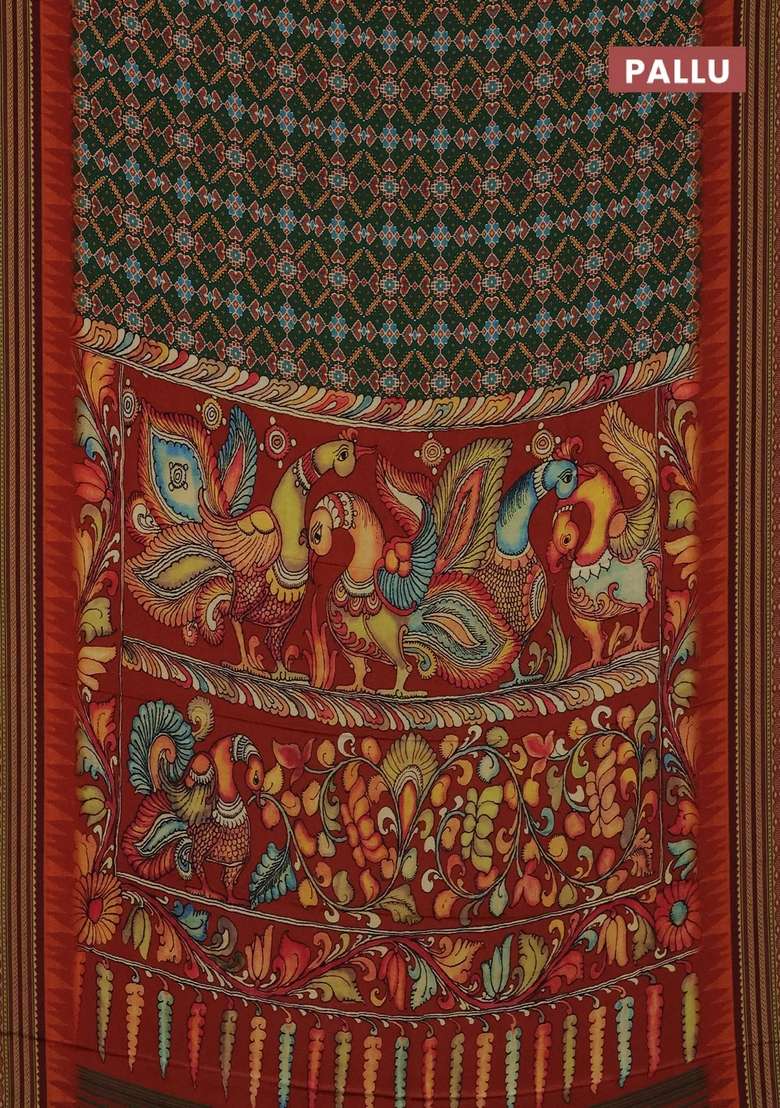 Semi Crepe Saree Green And Maroon With Allover Ikat Prints And Printed Border For Women - Indya