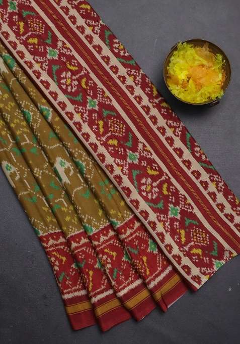 Semi Crepe Saree Sandal And Maroon With Allover Ikat Prints And Printed Border For Women