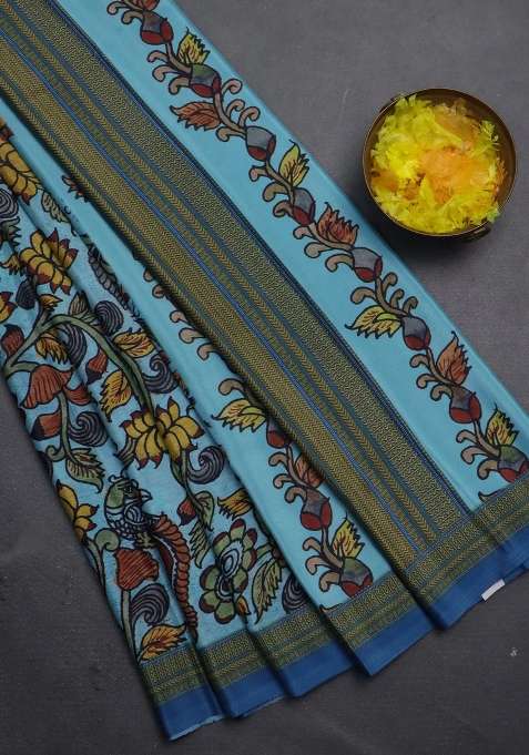 Semi Crepe Saree Blue Shade With Kalamkari Prints And Printed Border For Women