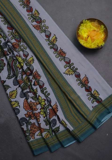 Semi Crepe Saree Grey And Peacock Green With Kalamkari Prints And Printed Border For Women