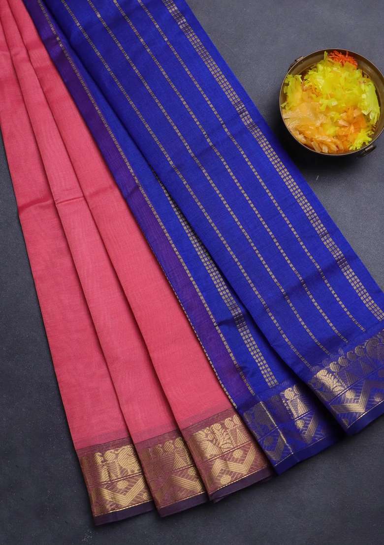 Silk Cotton Saree Peach Pink And Blue With Plain Body And Zari Woven Border With Traditional Woven Design For Women - Indya