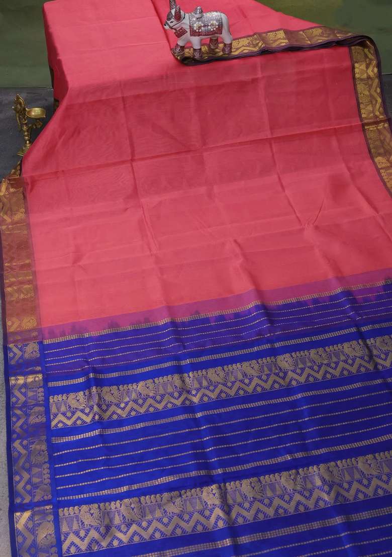 Silk Cotton Saree Peach Pink And Blue With Plain Body And Zari Woven Border With Traditional Woven Design For Women - Indya
