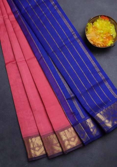Silk Cotton Saree Peach Pink And Blue With Plain Body And Zari Woven Border With Traditional Woven Design For Women
