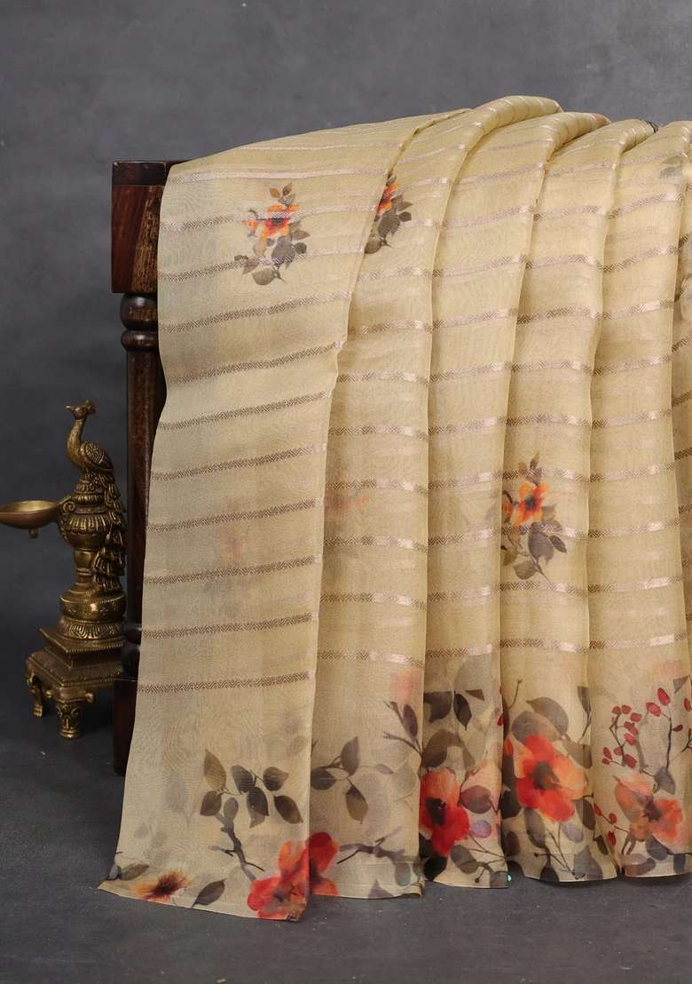 Pure Organza Silk Saree Dark Beige With Allover Zari Strip Floral Digital Prints And Floral Digital Printed Border For Women - Indya