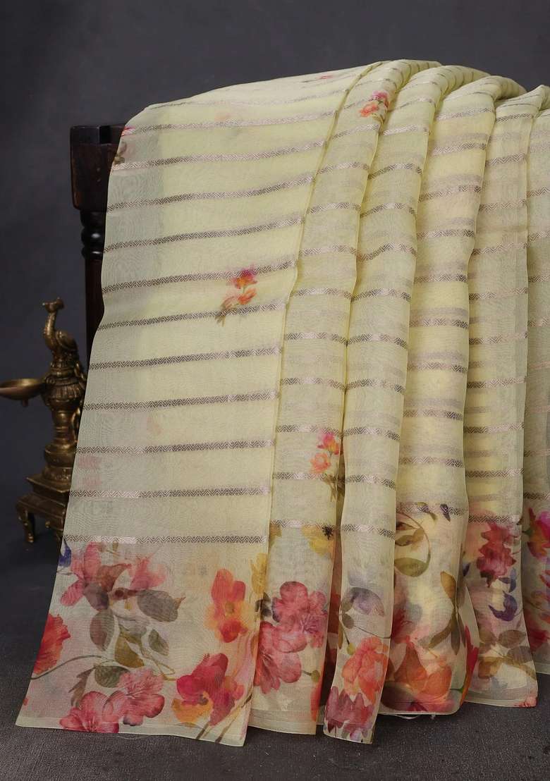 Pure Organza Silk Saree Lime Yellow With Allover Zari Strip Floral Digital Prints And Floral Digital Printed Border For Women - Indya