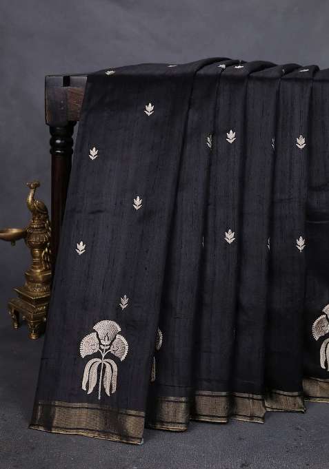 Pure Raw Silk Saree Black And Red With Embroidery Buttas And Embroidery Butta Zari Border With Embroidered Design For Women