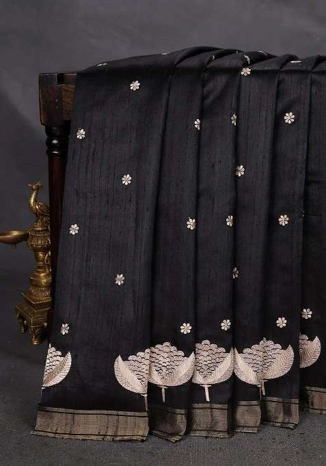 Pure Raw Silk Saree Black And Maroon With Embroidery Buttas And Embroidery Butta Zari Border With Embroidered Design For Women