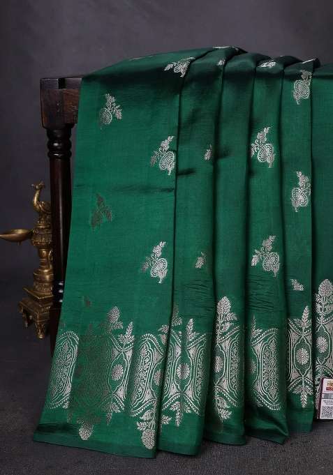 Banarasi Poona Silk Saree Green With Zari Woven Buttas And Zari Woven Border With Buttas And Brocade Design For Women