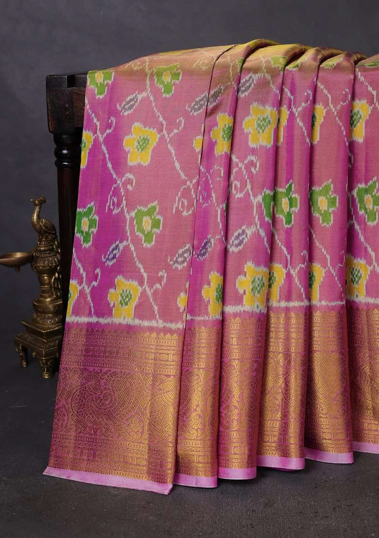 Pochampally Tissue Silk Saree Pink Shade With Allover Ikat Weaves And Annam Zari Woven Border With Traditional Woven Design For Women - Indya
