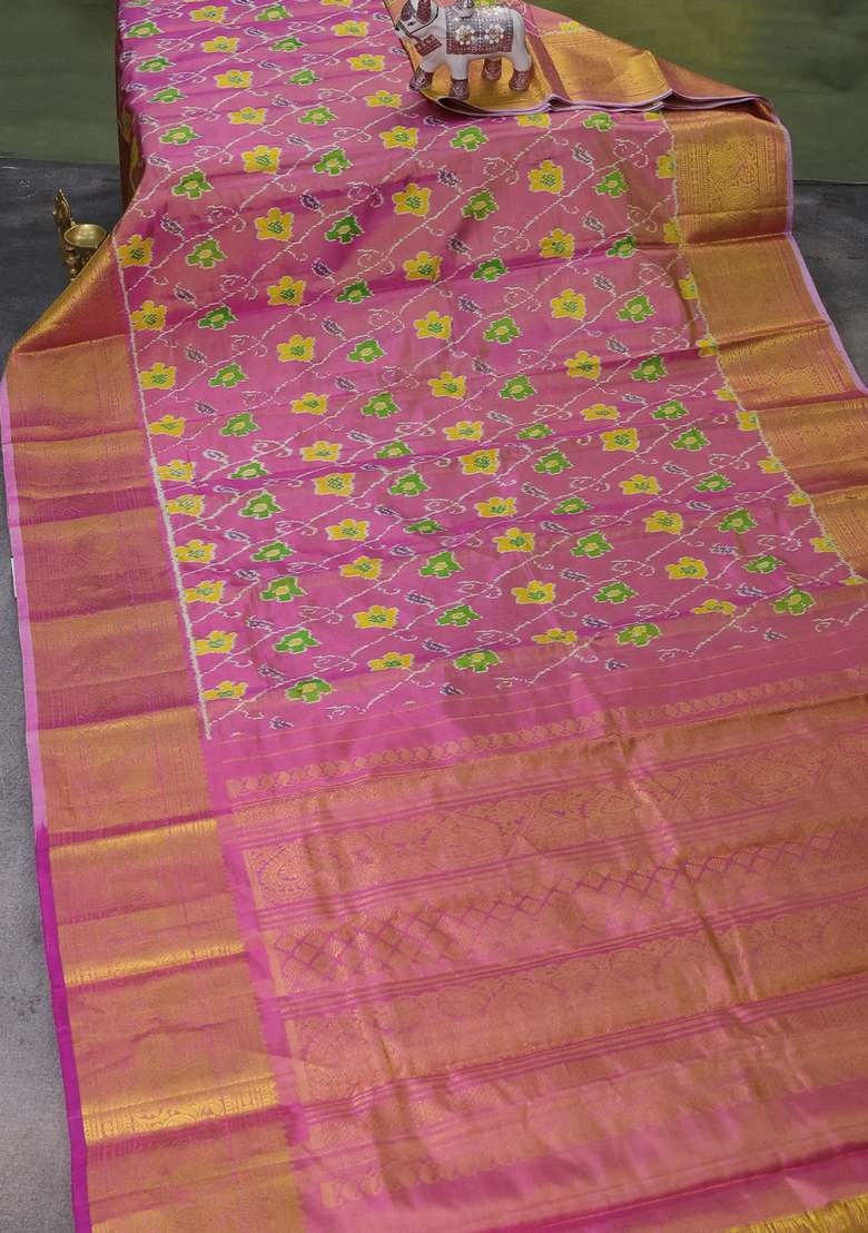 Pochampally Tissue Silk Saree Pink Shade With Allover Ikat Weaves And Annam Zari Woven Border With Traditional Woven Design For Women - Indya