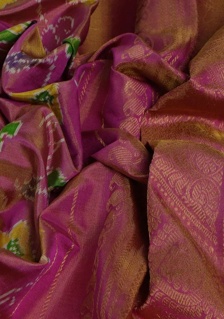 Pochampally Tissue Silk Saree Pink Shade With Allover Ikat Weaves And Annam Zari Woven Border With Traditional Woven Design For Women - Indya