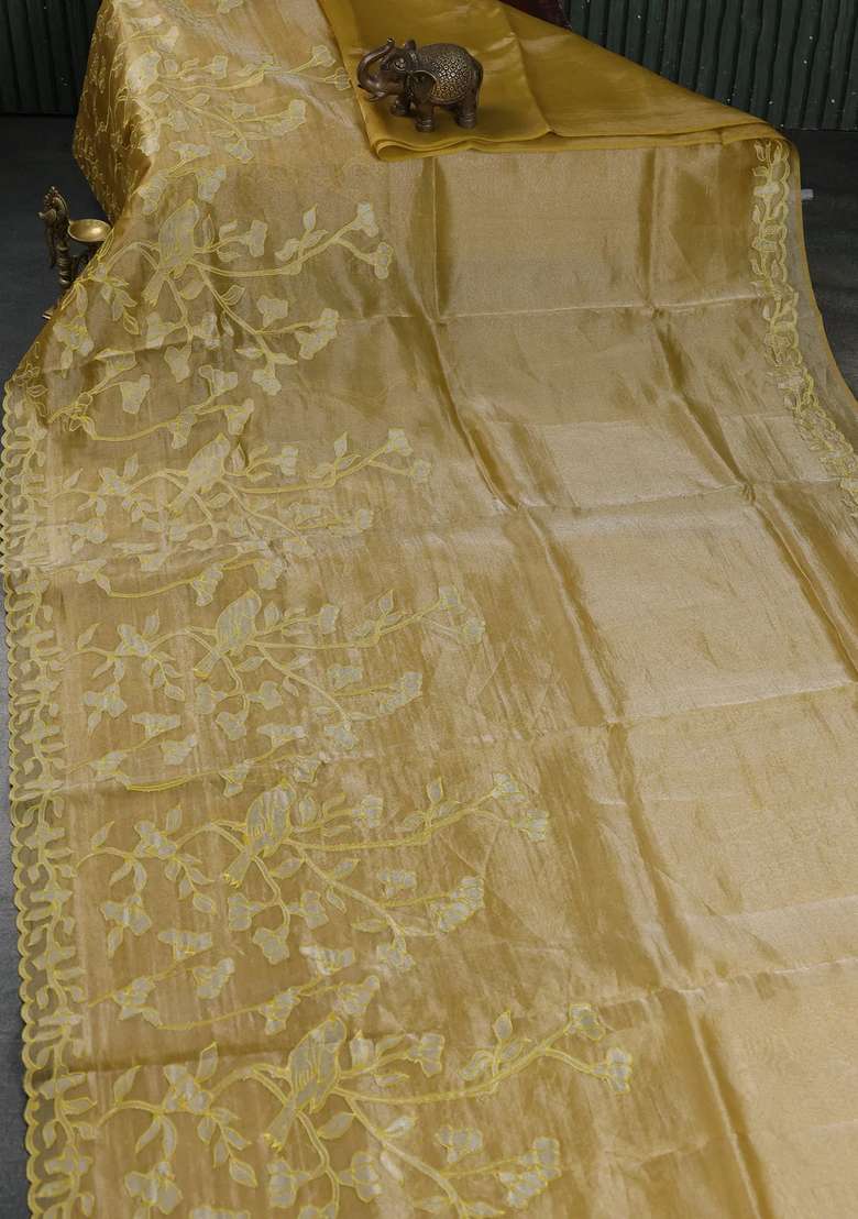 Pure Tissue Silk Saree Mustard Yellow With Applique Work And Scallop Border With Traditional Woven Design For Women - Indya