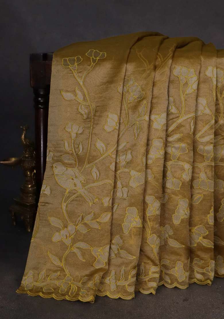 Pure Tissue Silk Saree Mustard Yellow With Applique Work And Scallop Border With Traditional Woven Design For Women - Indya