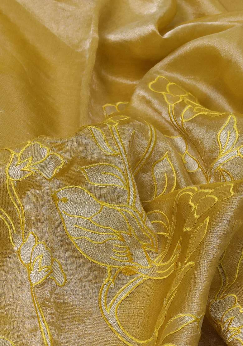 Pure Tissue Silk Saree Mustard Yellow With Applique Work And Scallop Border With Traditional Woven Design For Women - Indya