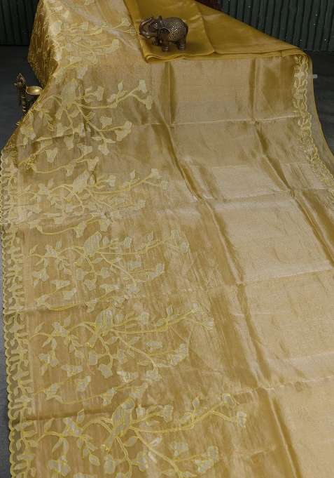 Pure Tissue Silk Saree Mustard Yellow With Applique Work And Scallop Border With Traditional Woven Design For Women