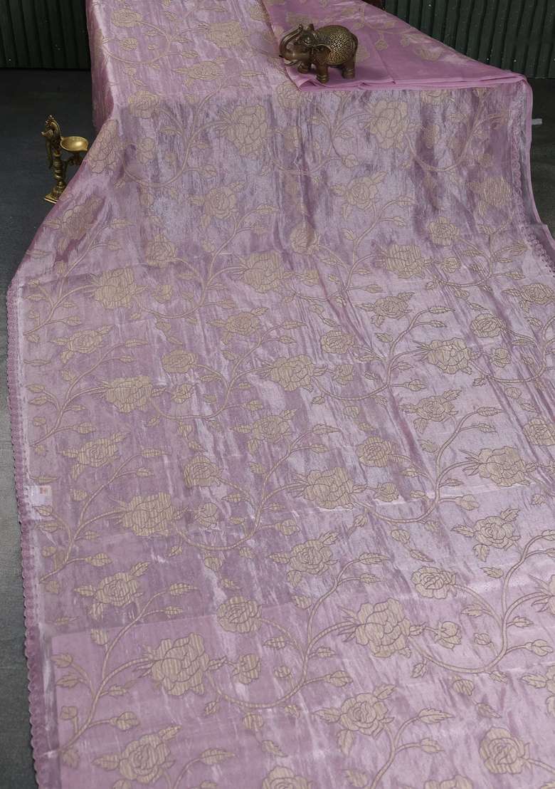 Pure Tissue Silk Saree Pastel Pink With Allover Floral Embroidery Applique Work And Embroidery Scallop Border With Embroidered Design For Women - Indya