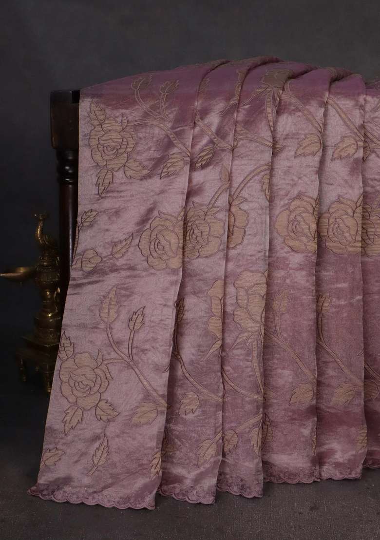 Pure Tissue Silk Saree Pastel Pink With Allover Floral Embroidery Applique Work And Embroidery Scallop Border With Embroidered Design For Women - Indya