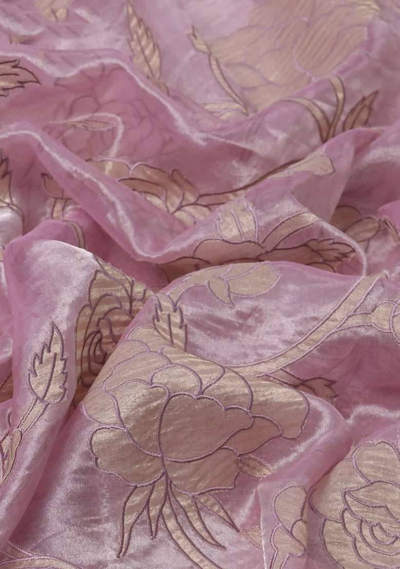 Pure Tissue Silk Saree Pastel Pink With Allover Floral Embroidery Applique Work And Embroidery Scallop Border With Embroidered Design For Women - Indya