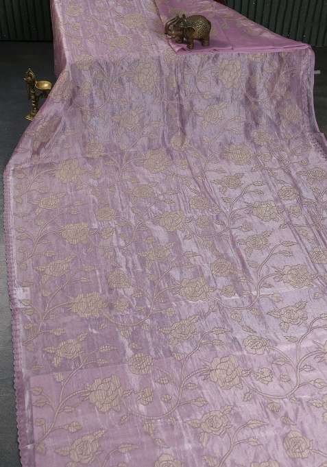 Pure Tissue Silk Saree Pastel Pink With Allover Floral Embroidery Applique Work And Embroidery Scallop Border With Embroidered Design For Women