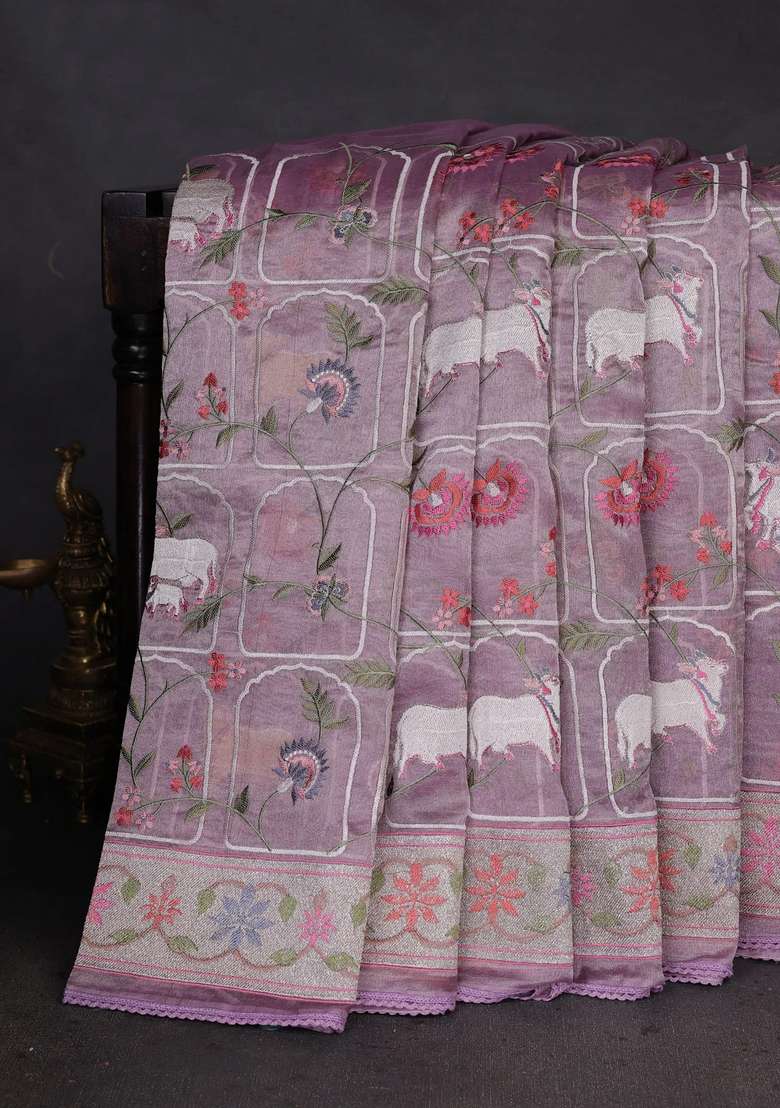 Pure Tissue Silk Saree Pastel Lavender With Allover Pichwai Embroidery Work And Embroidery Border With Embroidered Design For Women - Indya