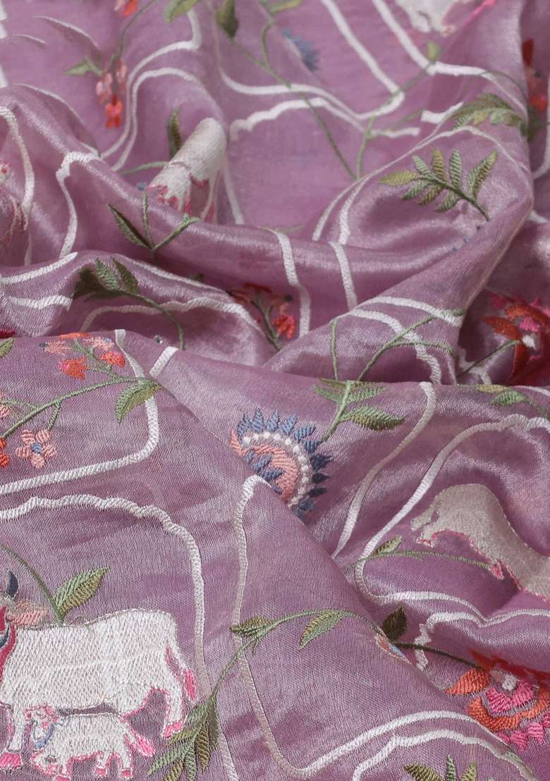 Pure Tissue Silk Saree Pastel Lavender With Allover Pichwai Embroidery Work And Embroidery Border With Embroidered Design For Women - Indya