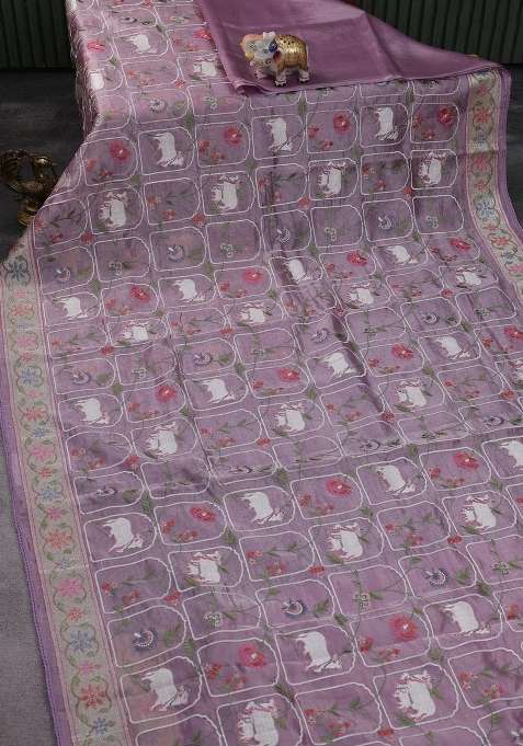 Pure Tissue Silk Saree Pastel Lavender With Allover Pichwai Embroidery Work And Embroidery Border With Embroidered Design For Women