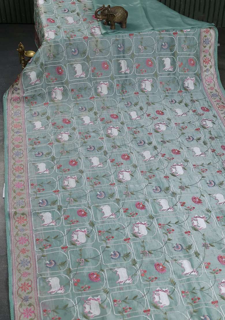 Pure Tissue Silk Saree Pista Green Shade With Allover Pichwai Embroidery Work And Embroidery Border With Embroidered Design For Women - Indya