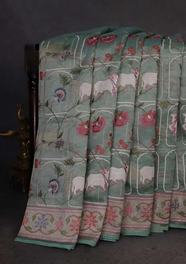 Pure Tissue Silk Saree Pista Green Shade With Allover Pichwai Embroidery Work And Embroidery Border With Embroidered Design For Women - Indya