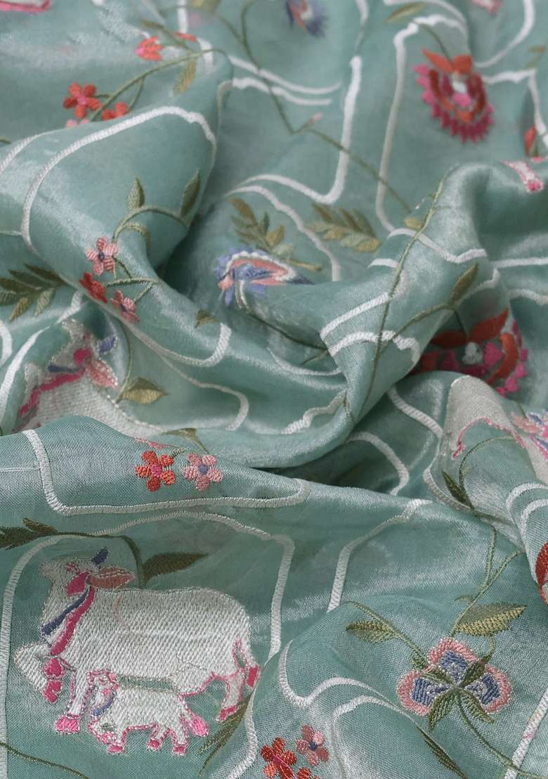 Pure Tissue Silk Saree Pista Green Shade With Allover Pichwai Embroidery Work And Embroidery Border With Embroidered Design For Women - Indya