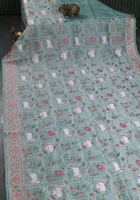 Pure Tissue Silk Saree Pista Green Shade With Allover Pichwai Embroidery Work And Embroidery Border With Embroidered Design For Women