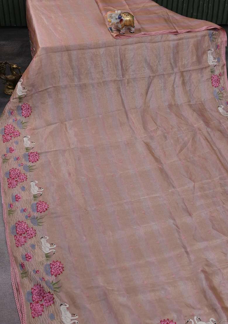 Pure Tissue Silk Saree Pastel Peach With Allover Stripe Pattern And Embroidery Border With Embroidered Design For Women - Indya