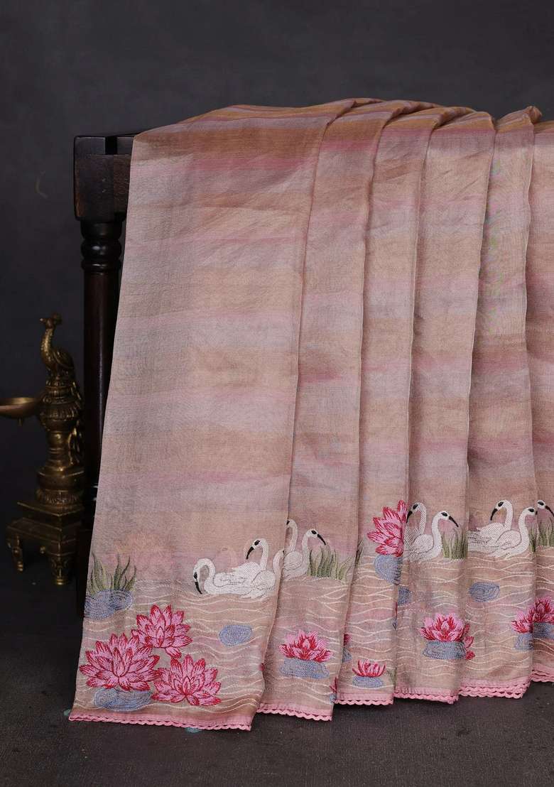 Pure Tissue Silk Saree Pastel Peach With Allover Stripe Pattern And Embroidery Border With Embroidered Design For Women - Indya