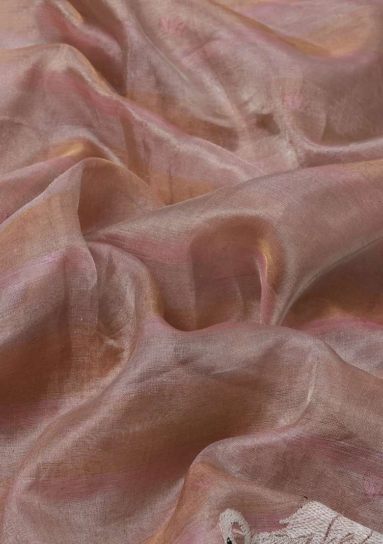 Pure Tissue Silk Saree Pastel Peach With Allover Stripe Pattern And Embroidery Border With Embroidered Design For Women - Indya