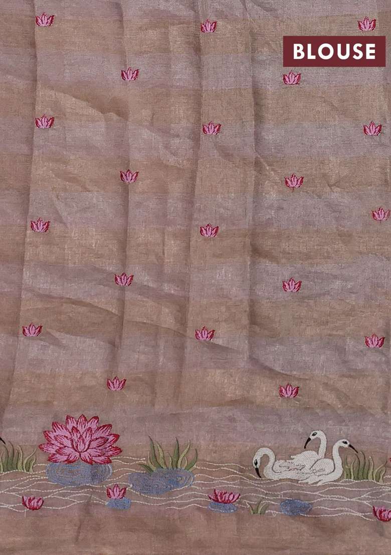 Pure Tissue Silk Saree Pastel Peach With Allover Stripe Pattern And Embroidery Border With Embroidered Design For Women - Indya