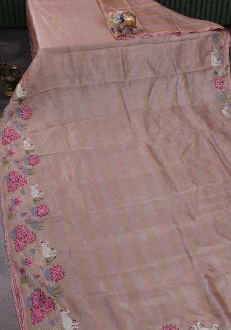 Pure Tissue Silk Saree Pastel Peach With Allover Stripe Pattern And Embroidery Border With Embroidered Design For Women