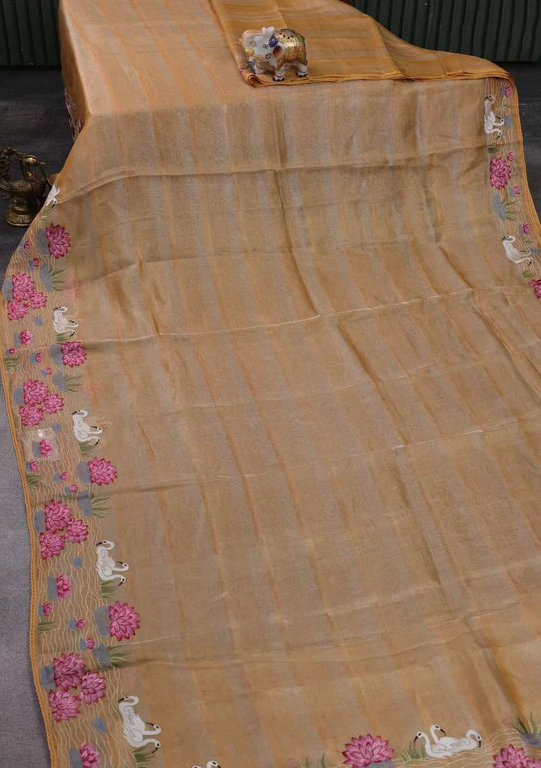 Pure Tissue Silk Saree Sandal With Allover Stripe Pattern And Embroidery Border With Embroidered Design For Women - Indya