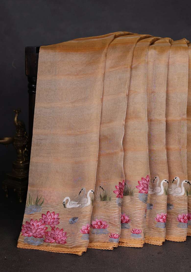 Pure Tissue Silk Saree Sandal With Allover Stripe Pattern And Embroidery Border With Embroidered Design For Women - Indya