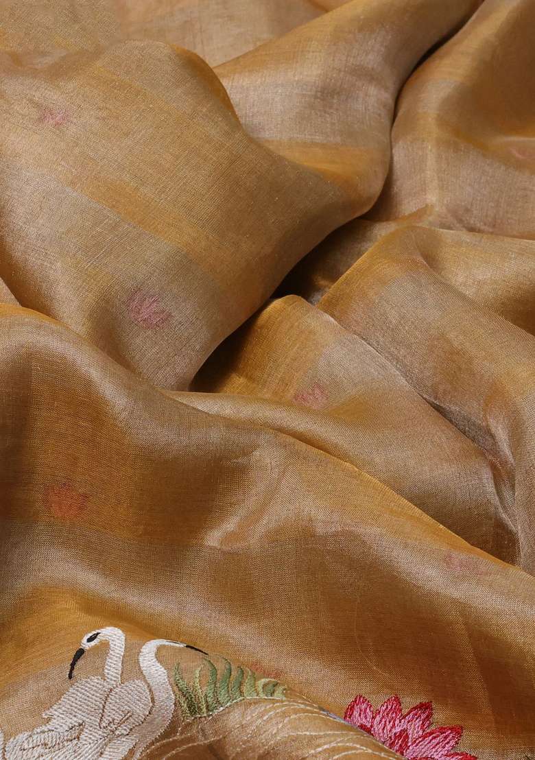 Pure Tissue Silk Saree Sandal With Allover Stripe Pattern And Embroidery Border With Embroidered Design For Women - Indya