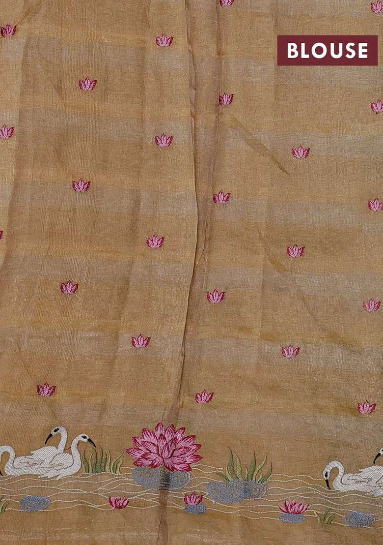 Pure Tissue Silk Saree Sandal With Allover Stripe Pattern And Embroidery Border With Embroidered Design For Women - Indya